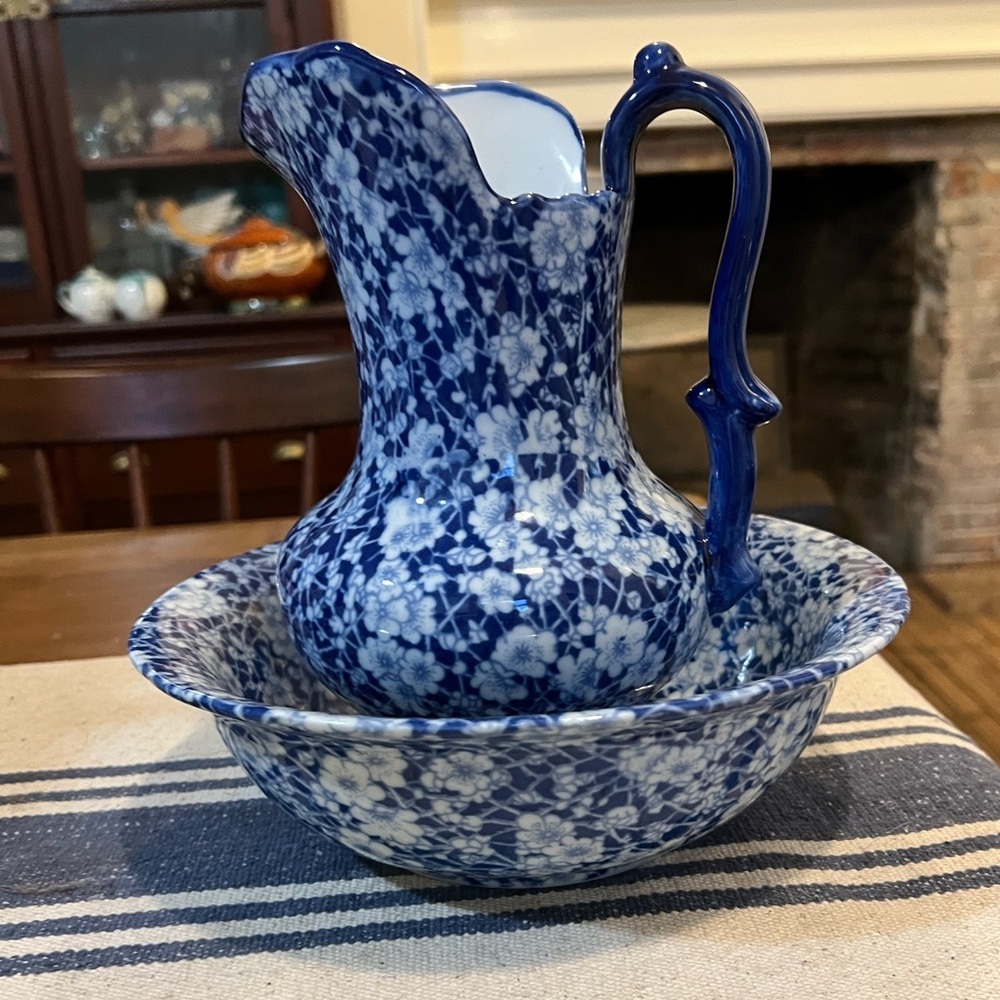 Blue Calico Victoria Ware Ironstone Large Antique Pitcher and  Basin Floral